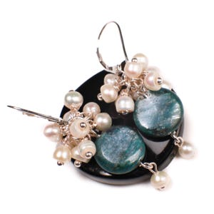 Natural Kyanite Coin Shape Dangling with Natural Fresh Water Pearl Clusters in .925 Sterling Silver Leverback Earring.