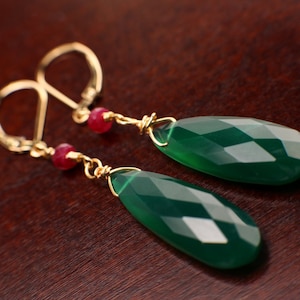 Green Onyx Faceted Long Pear Drop 10x30mm Wire Wrapped, 4mm Genuine Ruby accent 14k Gold Filled Leverback Earring, Elegant Gift