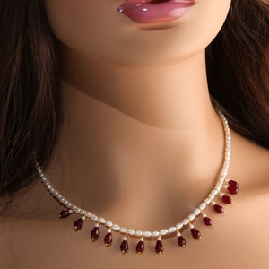 Genuine Freshwater Pearl and Garnet Wire Wrapped Drop Handmade Bib Necklace. Available in Gold or Silver. Gift For her