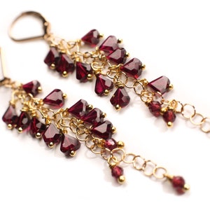 Genuine Garnet Faceted Merlot Red Cascade and Dangling Wire Wrap Handmade 14K Gold Filled or Sterling silver Leverback Earrings, Bridal gift