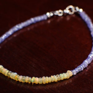 Tanzanite Faceted 3mm Rondelle with Ethiopian Opal Gemstone Bracelet in 925 Sterling Silver Chain and Clasp, Gift for her