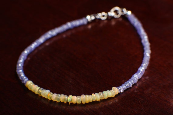 Natural Tanzanite Faceted 3mm Rondelle with natural  Ethiopian Opal Gemstone Bracelet in 925 Sterling Silver Chain and Clasp, Gift for her