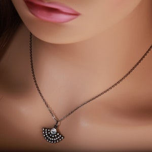Cubic Zirconia Oxidized and Rhinestone Diamond Ball Micro Pave Fan Charm Necklace. Available in 16&quot;, 18&quot; and 20&quot;