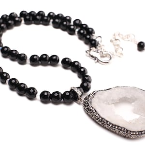 White Druzy Agate, Geode Pendant 33x50mm, CZ Rhinestone Pave, 8mm Black Onyx 18&quot; with 3&quot; Extension Necklace