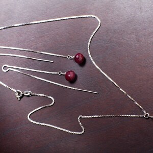 Ruby Necklace Set, Genuine Ruby Drop Briolette Onion Shape and 5" Long Threader Earrings in 925 Sterling Silver Box Chain Necklace