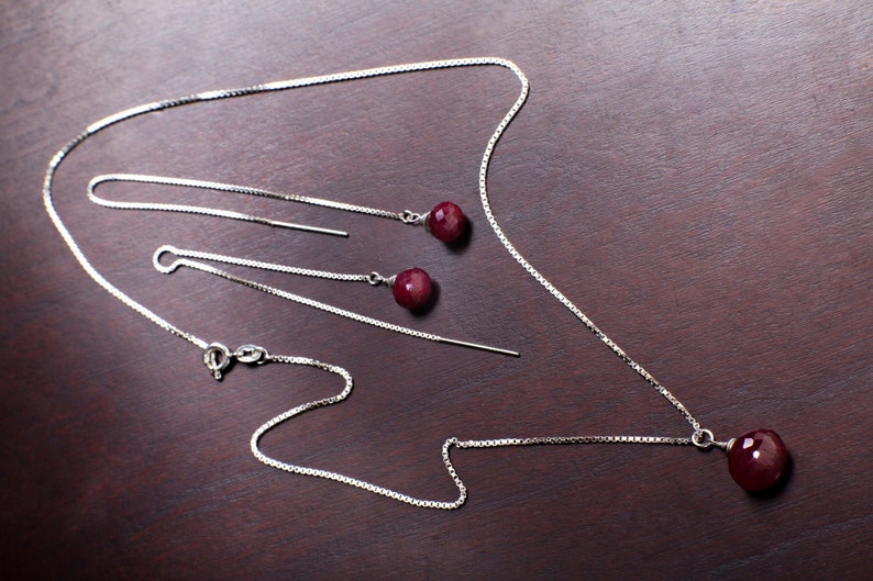 Ruby Necklace Set, Genuine Ruby Drop Briolette Onion Shape and 5" Long Threader Earrings in 925 Sterling Silver Box Chain Necklace