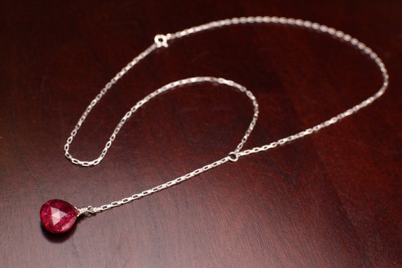 Genuine Ruby Necklace Faceted 11mm Heart Briolette Teardrop Wire Wrapped Necklace in 925 Sterling Silver valentine gift