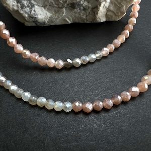 Natural Multi Moonstone Faceted 3.5mm Round Beaded necklace. 925 Sterling silver.Beautiful light peachy Beige choker layering gift