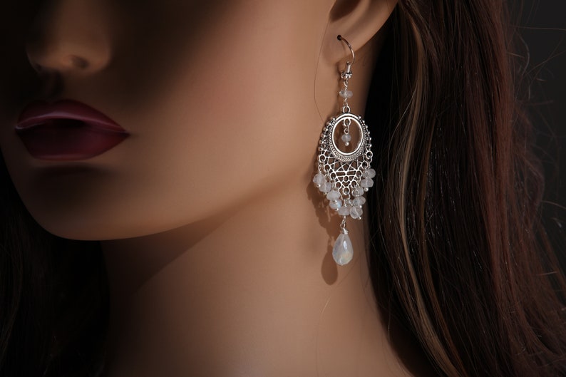 Bridal Earrings Moonstone Chandelier Earrings Briolette Teardrop Accents with Moonstone Clusters in 925 Sterling Bali Silver Ear Wire
