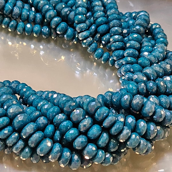 Moonstone Rondelle, Genuine Moonstone Mystic Teal Blue Coated High Quality Faceted Roundels in Gemstone Beads 4" and 8" Strand