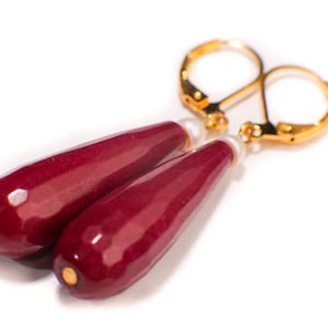 Ruby Jade 20×40mm Long Teardrop with Freshwater Button Pearl, Silver or Gold Leverback Earrings, Gift for her