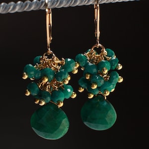 Natural Emerald Faceted Heart Briolette Teardrop,Natural Emerald Clusters in 14K Gold Filled Hook,Leverback Gemstones Earrings, Gift For Her