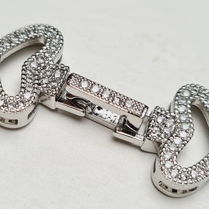 Cubic Zirconia CZ Micro Pave Diamond 1 to 3 Line Rhodium Sterling Silver Heart Clasp 14×31mm, Pearl Clasp, High End Jewelry Folding Clasp