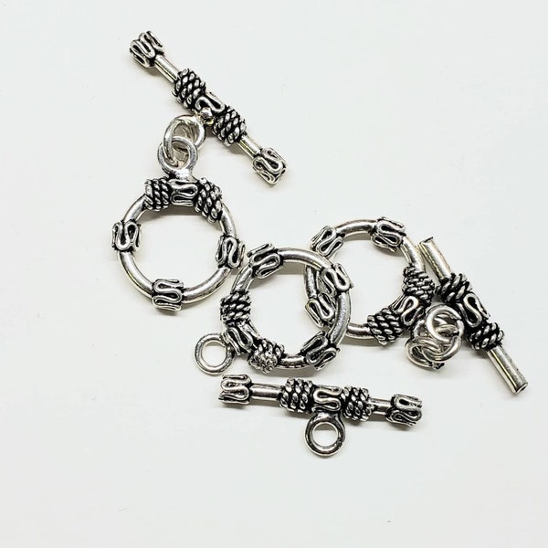 Sterling silver bali toggle clasp, heavy weight 15mm round vintage handmade designed jewelry making toggle clasp, 1set