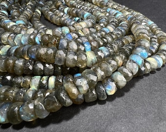 Labradorite 9-10mm faceted wheel roundel , tire shape gemstone beads 7.5" strand , single or bulk