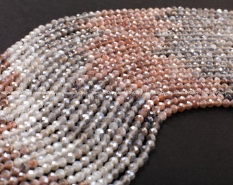 Natural Multi-Toned peach Moonstone Mystic Faceted 3mm Round Beads, DIY Jewelry Making Gemstone Beige Bracelet, Necklace 12"Strand,