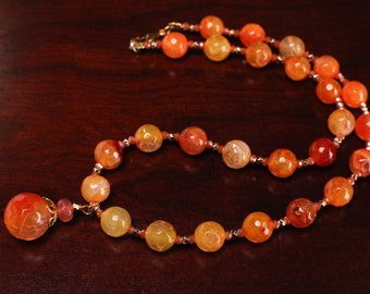 Orange Feuer Achat 10mm Runde Perle mit 16mm Anhänger Tropfen Edelsteine Halskette