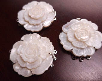 Hand Carved Mother of Pearl Clasp, White MOP 3 Loop Fancy Flower 43mm Large Clasp , Jewelry Making Rhodium 3 line vintage Clasp