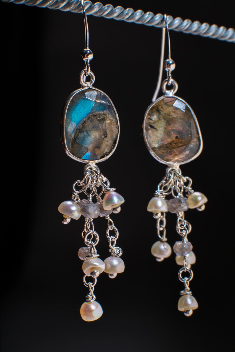 Natural Labradorite Oval Free Form Bezel and Fresh Water Pearl Labradorite Clusters in .925 Sterling Silver Earrings