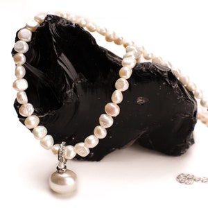Natural Freshwater Pearl freeform oval with South SeaShell Pearl 12x15mm CZ Pendant Necklace plus 2&quot; Extender, Bridal , party , elegant gift