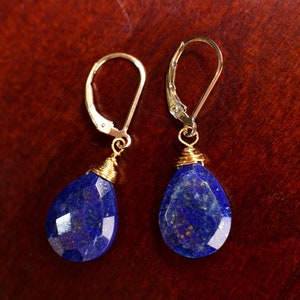 Lapis Lazuli Earrings, Natural Lapis Pear Drop 12x16mm Wire Wrapped Long Teardrop in 14K Gold Filled or 925 Sterling Silver Leverback