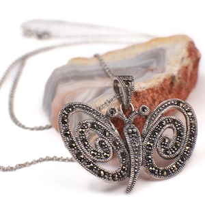 Vintage Marcasite 925 Sterling Silver 30x32mm Butterfly pendant, 925 Sterling Silver Chain Necklace, Vintage antique gift 925 stamped