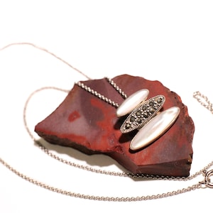 Marcasite, Natural Mother of Pearl, 925 sterling Silver Pendant. 925 Rhodium Sterling Silver Cable Chain necklace Vintage antique gift