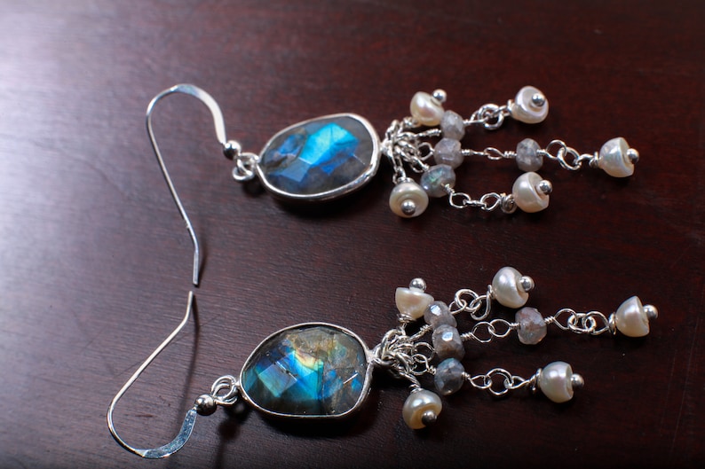 Natural Labradorite Oval Free Form Bezel and Fresh Water Pearl Labradorite Clusters in .925 Sterling Silver Earrings