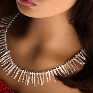 Natural Fresh Water Japanese Biwa Stick Pearl and Potato Pearl Necklace in 925 Sterling Silver Hook & Eye Clasp, Pic shown  22&quot; Necklace