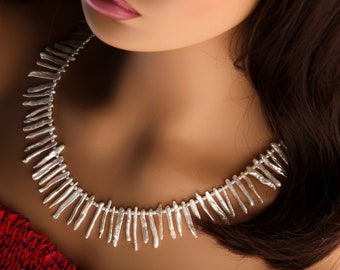 Natural Fresh Water Japanese Biwa Stick Pearl and Potato Pearl Necklace in 925 Sterling Silver Hook & Eye Clasp, Pic shown  22" Necklace