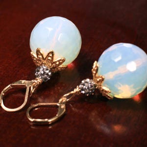 Huge Opalite Faceted Round 20mm large Bali Style  Cap and Rhinestone Disco Ball glowing bead opalite Gold Leverback Earrings