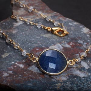 Sapphire Faceted Gold Bezel Pendant Necklace with Moonstone Beaded Rosary Chain 16&quot;to 24&quot; Necklace, September Birthstone, Girlfriend Gift