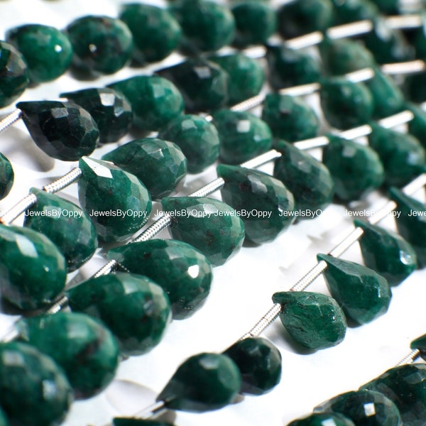 Emerald Briolette, Genuine Graduated Emerald Green Faceted Teardrop 5x7-7x11mm Gemstone Jewelry Making Bracelet, Necklace Earrings Beads 9"