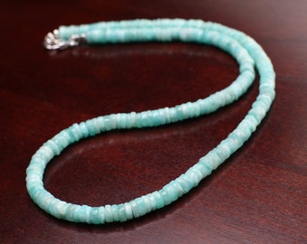 Peruvian Blue Opal Heishi Roundel 5-6mm Necklace for Men and Women in Silver Lobster clasp, Beach Boho Summer Gift