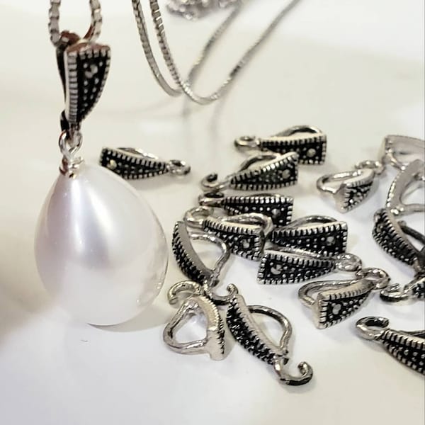 Sterling Silver Marcasite Bail, Vintage Pendant Holder (5x10mm)