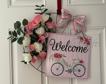 Spring Bicycle for Front Door Vintage Bicycle LED Wreath Vintage Pink Bike Door Decor Flower Bike Door Hanger Spring Summer Decor Spring Bicycle for Front Door Vintage Bicycle LED Wreath Vintage Pink Bike Door Decor Flower Bike Door Hanger Spring Summer Decor