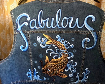 Women's hand painted, one of a kind, wearable work of art denim cropped vest.