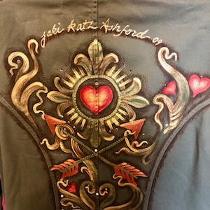 Women&#39;s hand painted, army green, military style, one of a kind, wearable work of art jacket.