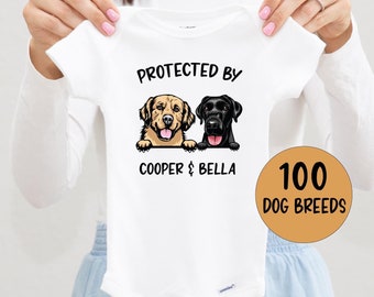 Custom Dog Breed Onesie®, Protected by Dog, Personalized Baby Gift