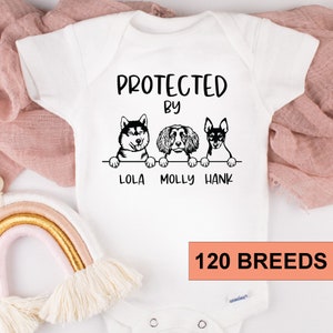 Protected by Dog Onesie®, 3 dogs,Newborn Outfit, Custom Baby Shower Gift, Custom Dog Breed Onesie®, Personalized Dog Name Baby T-shirt