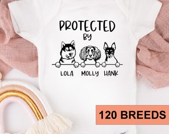 Protected by Dog Onesie®, 3 dogs,Newborn Outfit, Custom Baby Shower Gift, Custom Dog Breed Onesie®, Personalized Dog Name Baby T-shirt