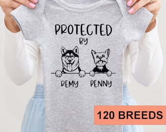 Protected by Dog Onesie®, Newborn Outfit, Custom Baby Shower Gift, Custom Dog Breed Onesie®, Personalized Dog Name Baby T-shirt