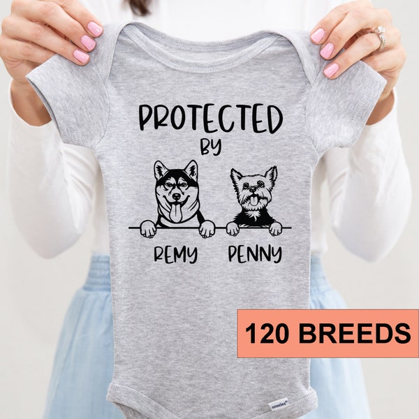 Protected by Dog Onesie®, Newborn Outfit, Custom Baby Shower Gift, Custom Dog Breed Onesie®, Personalized Dog Name Baby T-shirt