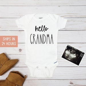Hello Grandma Pregnancy Announcement Onesie®, Custom Baby Shower Gift for Girl or Boy, Pregnancy Announcement to Grandmother Onesie®