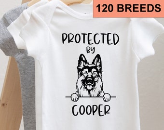 Protected by Dog Onesie®, Newborn Outfit, Custom Baby Shower Gift, Custom Dog Breed Onesie®, Personalized Dog Name Baby T-shirt