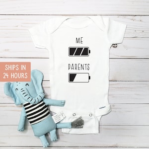 Battery Funny Onesie®, Custom Baby Shower Gift for Girl or Boy, Funny Newborn Bodysuit, Coming Home Cute Outfit