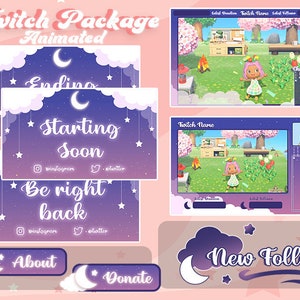 Animated Night Sky Stream Package: Purple Twitch Overlay, VTuber Assets