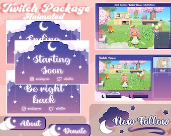 May include: A purple and blue Twitch package with a night sky theme. The package includes animated screens for starting soon, ending soon, be right back, a new follower alert, a donate button, and an about button. The package also includes a chat window and a screen for the streamer's name.