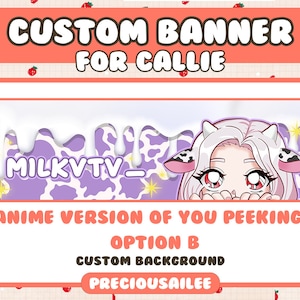 Pode incluir: Banner personalizado para um canal Twitch chamado "MILKVTV_" com uma ilustra&ccedil;&atilde;o de estilo anime de uma pessoa espiando por tr&aacute;s de um fundo de estampa de vaca roxo e branco. O texto "Anime Version of You Peeking Option B Custom Background PRECIOUSAILEE" est&aacute; abaixo da imagem.