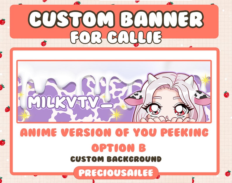 Pode incluir: Banner personalizado para um canal Twitch chamado "MILKVTV_" com uma ilustra&ccedil;&atilde;o de estilo anime de uma pessoa espiando por tr&aacute;s de um fundo de estampa de vaca roxo e branco. O texto "Anime Version of You Peeking Option B Custom Background PRECIOUSAILEE" est&aacute; abaixo da imagem.